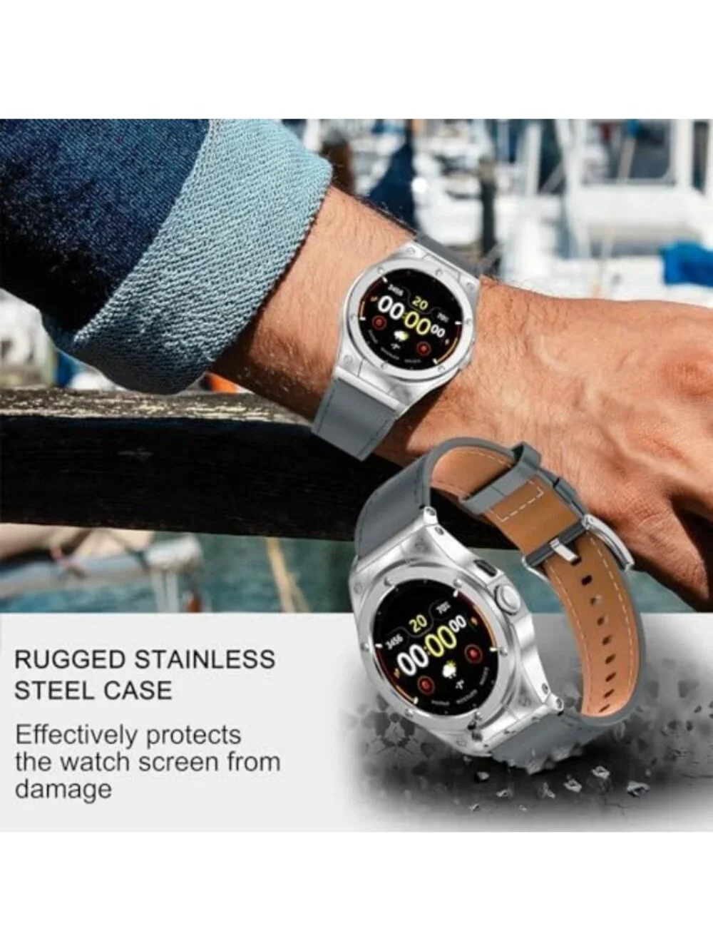 Stylish Leather Bands with Stainless Steel Case for 45mm Smartwatch - Perfect
